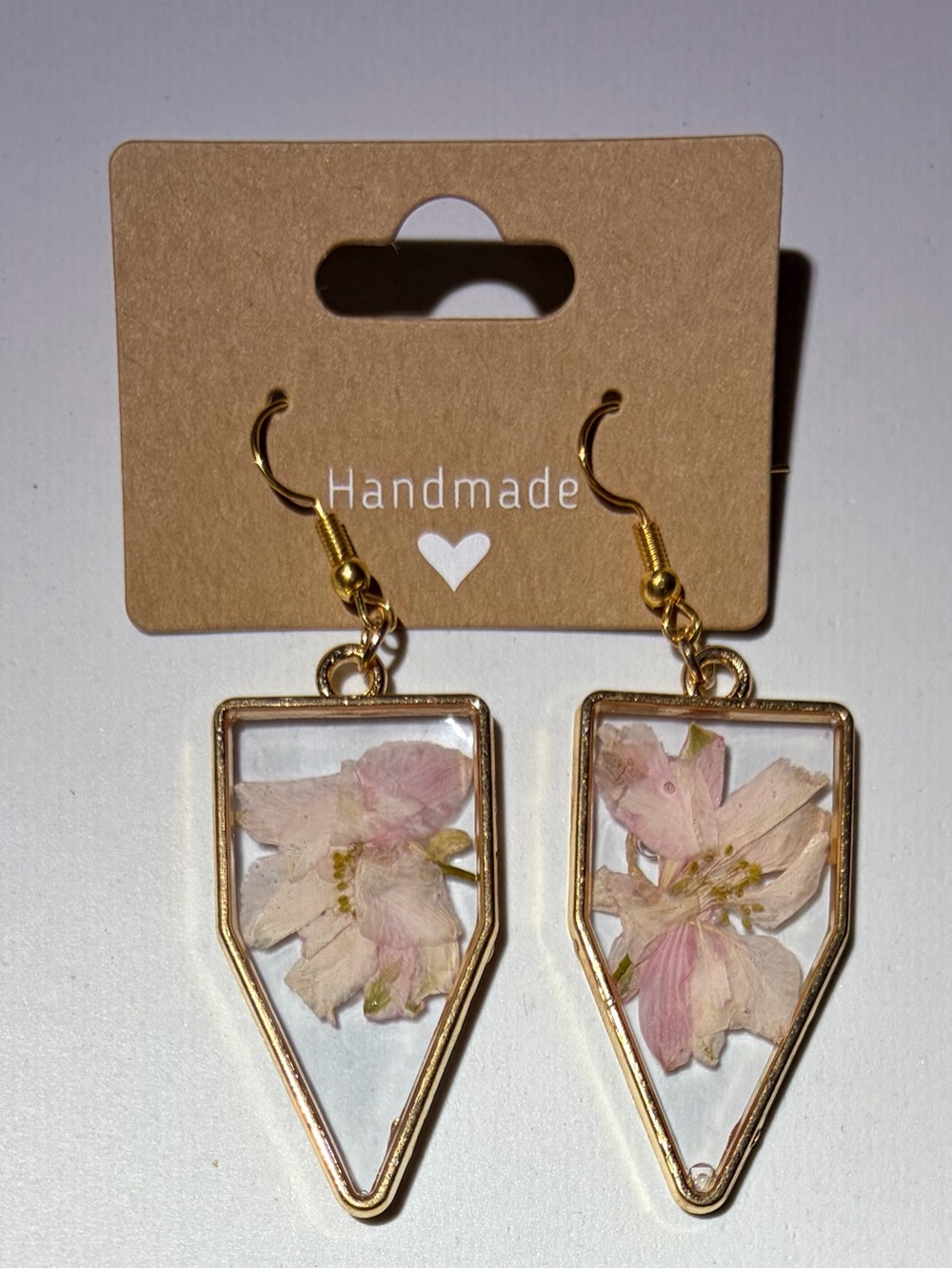 Gold Floral Drop Earrings with Pink Pressed Flowers